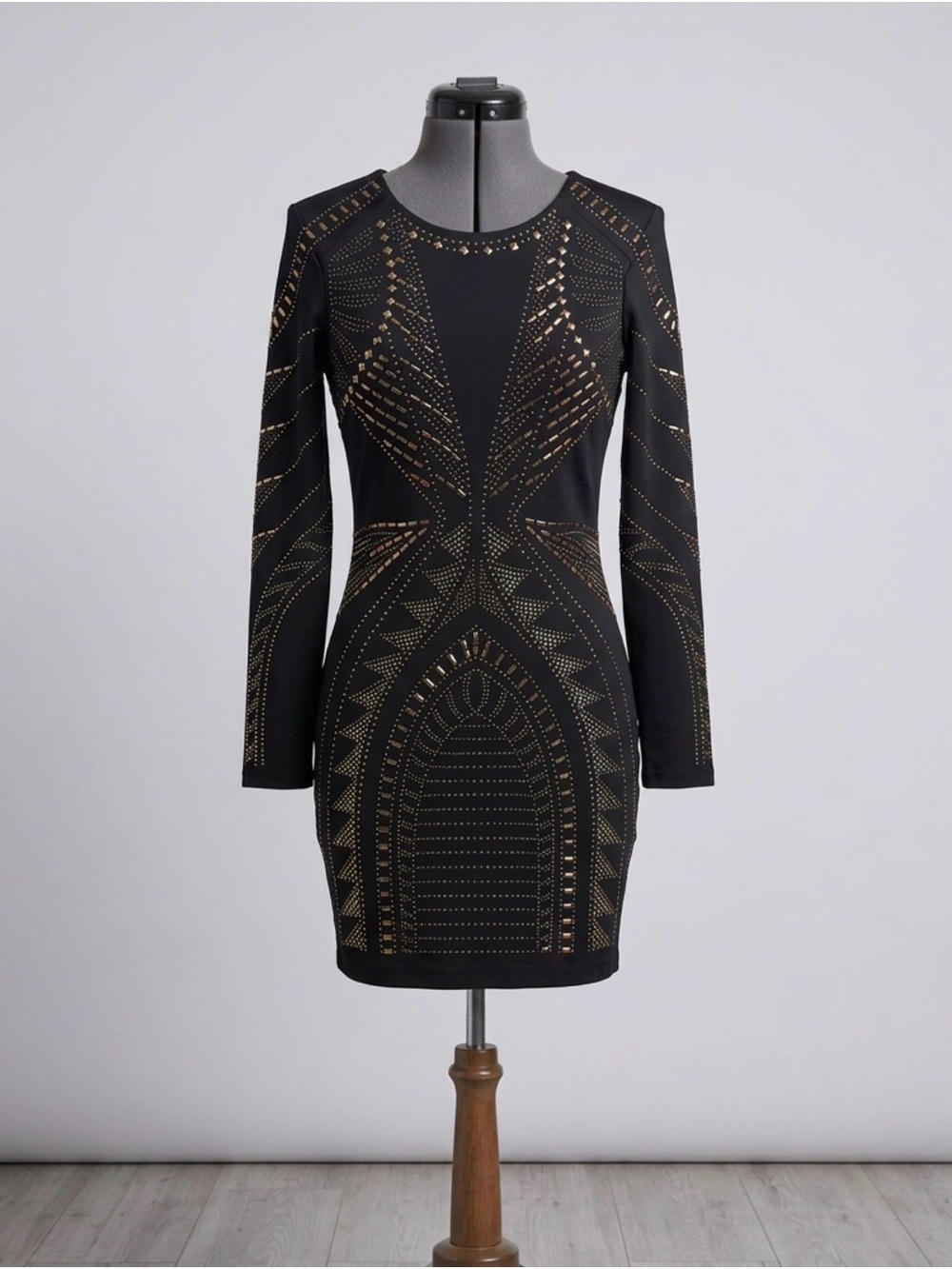 Bebe Black Long-Sleeve Studded Bodycon Dress